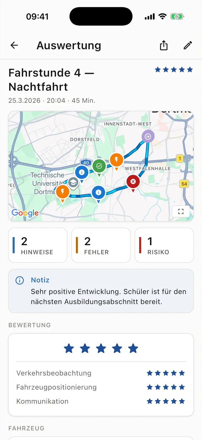 Beispiel einer Fahrstundenauswertung mit Route, Lernmarkierungen und Stundenhinweis