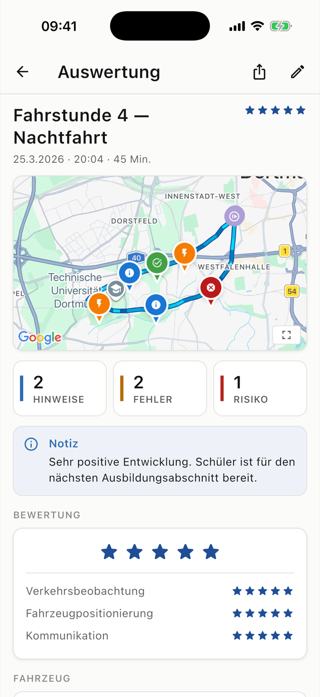 RoadReview-Fahrstundenauswertung: Route mit dokumentierten Situationen auf der Karte, Anzahl von Hinweisen, Fehlern und Risiken sowie Notiz des Fahrlehrers. Beispieldaten.