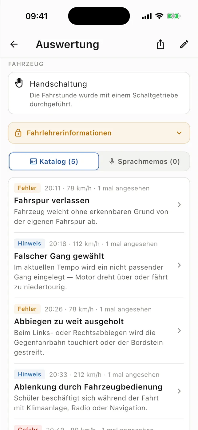 Dokumentierte Fehler mit Erklärung, Zeitpunkt und Schweregrad