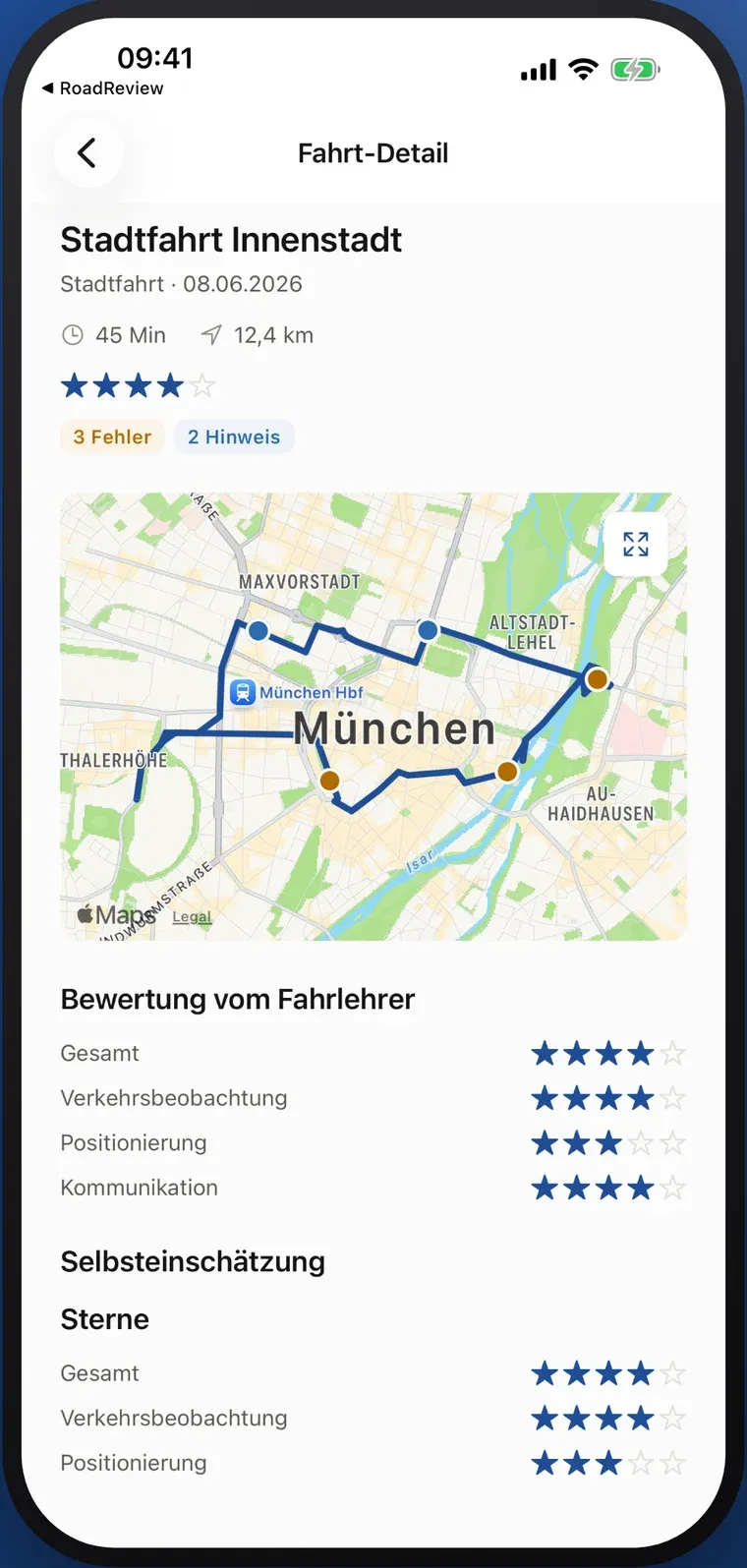Family-Beispielfahrt: Route, dokumentierte Situationen, Lehrerbewertung und Selbsteinschätzung