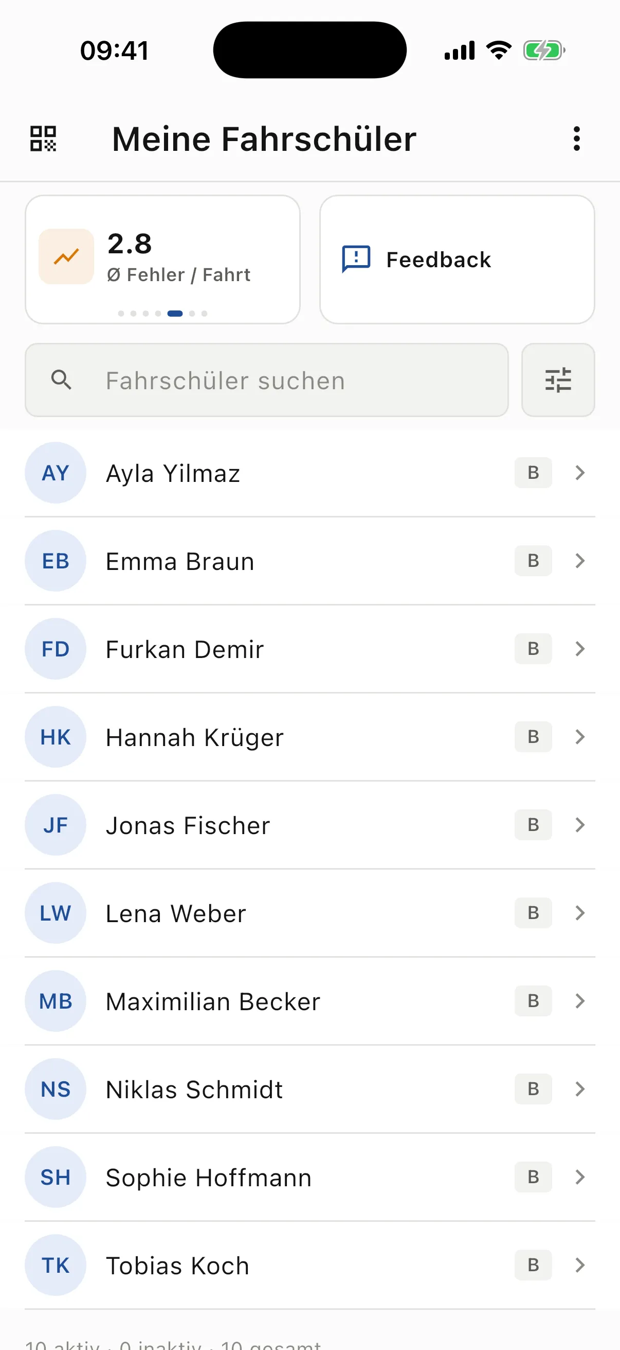 Schülerübersicht mit Suchfunktion und durchschnittlichen Fehlern je Fahrt