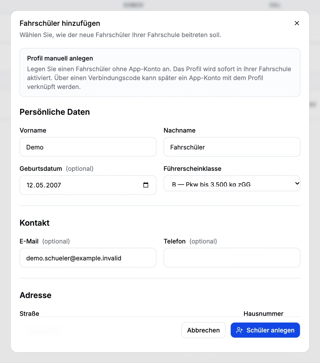 Manuelles Aufnahmeformular mit fiktiven Stammdaten und Führerscheinklasse B.